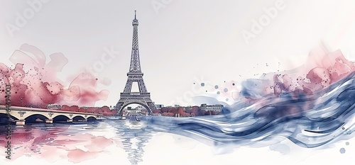 Watercolor painting of the Eiffel Tower in Paris, France. The painting features a soft, dreamy aesthetic with pink and blue colors. photo