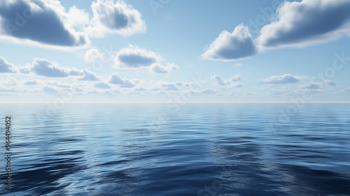 The sea or ocean is peaceful, with clouds in the sky.