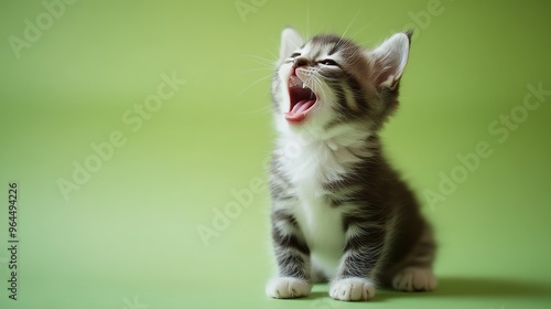 A cute, gray and white kitten plays on a green background. The tiny cat is having fun in the studio. photo