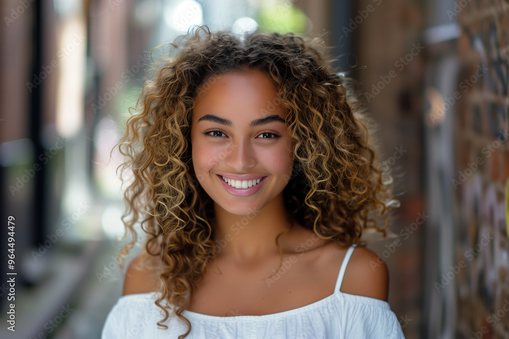 Woman with curly hair is smiling and wearing a white shirt Woman with curly hair is smiling and wearing a white shirt