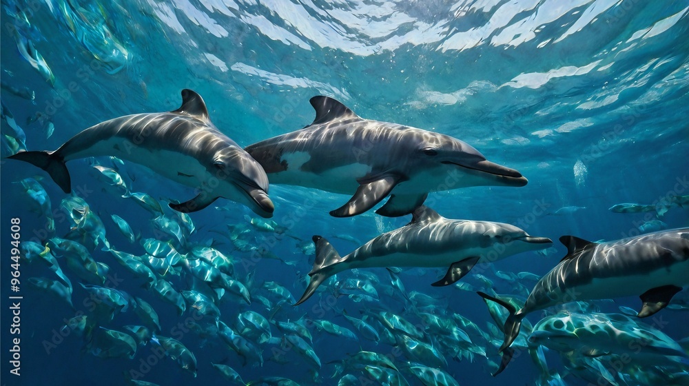 Naklejka premium Graceful Dolphins in a Vibrant Abstract Ocean