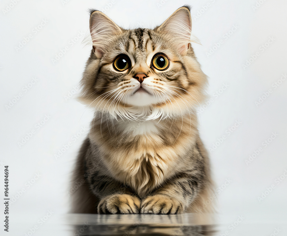 A charming cat with large eyes and fluffy fur, exuding curiosity and playfulness in a minimalistic studio setting. A charming cat with large eyes and fluffy fur, exuding curiosity and playfulness in a minimalistic studio setting.