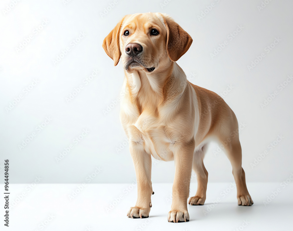 A happy, playful Labrador Retriever standing gracefully on a clean surface, showcasing its adorable and friendly nature. A happy, playful Labrador Retriever standing gracefully on a clean surface, showcasing its adorable and friendly nature.