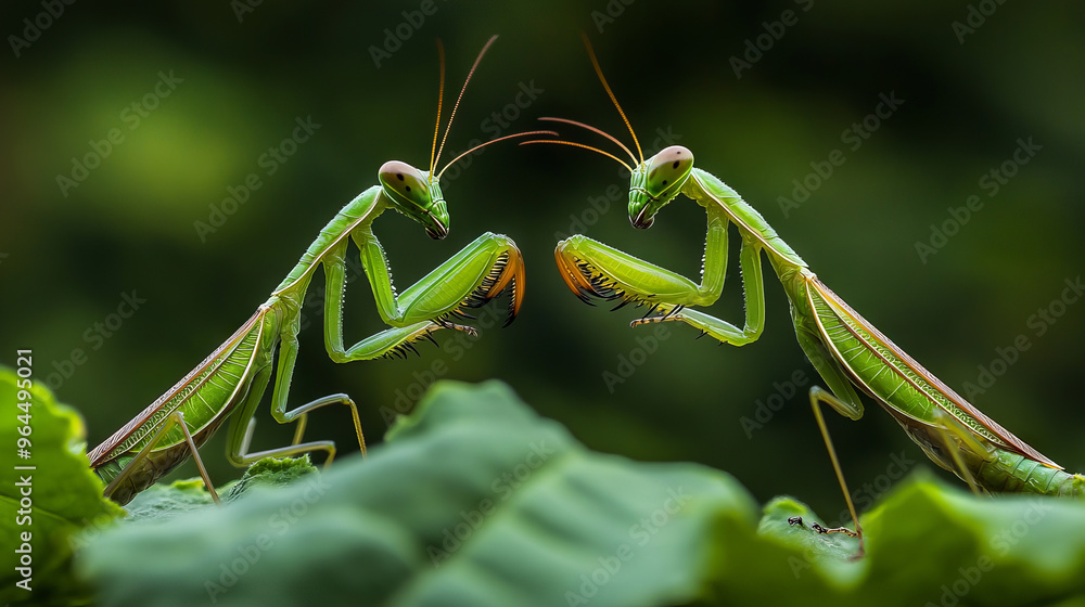 Two praying mantises were interacting in a lovely way. Their movements were graceful and delicate, almost like a dance. Two praying mantises were interacting in a lovely way. Their movements were graceful and delicate, almost like a dance.