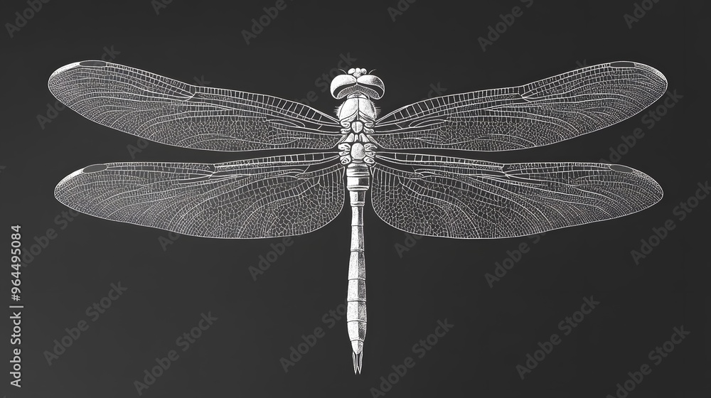 Dragonfly Wings from Dots and Lines: A dragonfly in flight, its delicate wings and elongated body drawn with a fine network of dots and thin lines.
