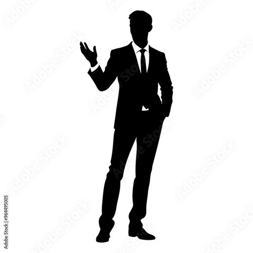 a business man standing with stylish presentation mode vector silhouette