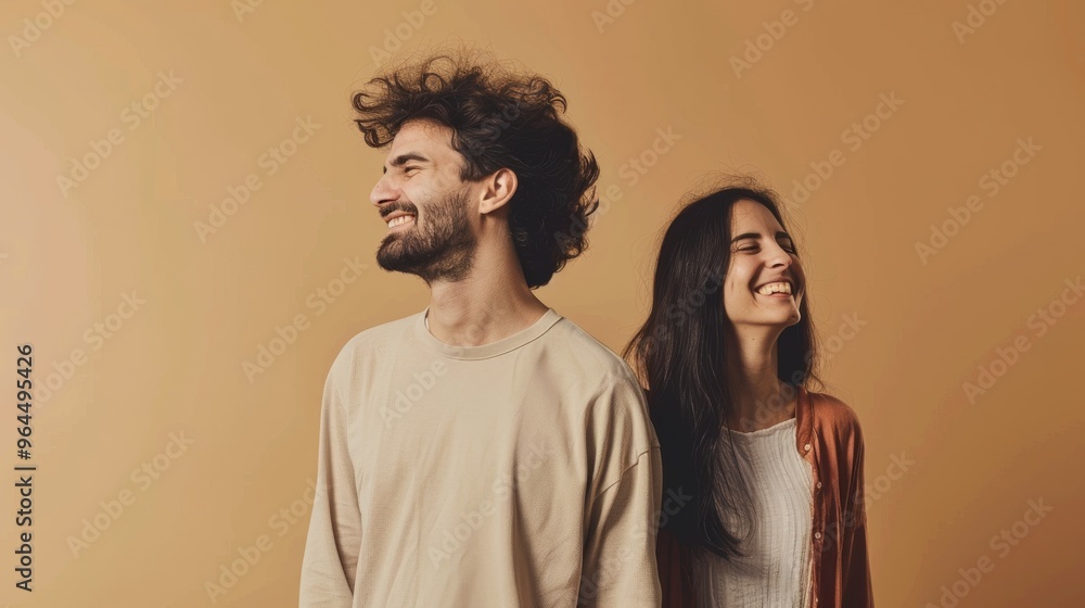 A beaming couple enjoys a hearty laugh against a warm tan background, embodying the essence of affection and shared happiness. A beaming couple enjoys a hearty laugh against a warm tan background, embodying the essence of affection and shared happiness.
