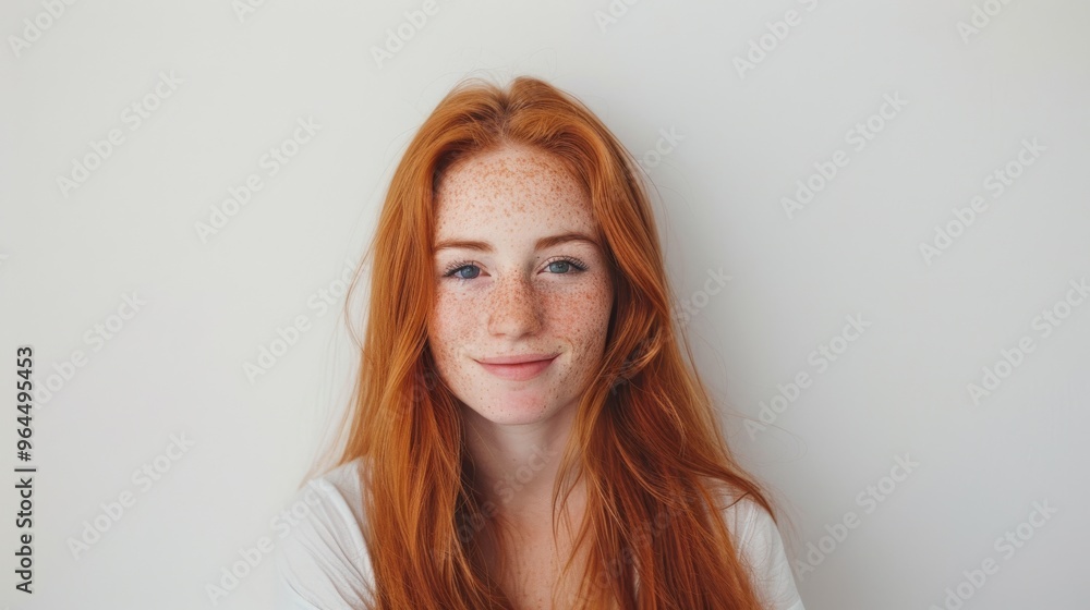 Fototapeta premium A young girl with vibrant red hair and freckles smiles softly against a plain white backdrop, exuding a sense of innocence and warmth.