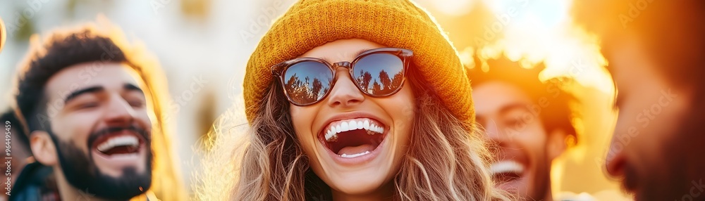 Multicultural Friends Laughing Together in Warm Outdoor Setting with Bright Sunshine Multicultural Friends Laughing Together in Warm Outdoor Setting with Bright Sunshine