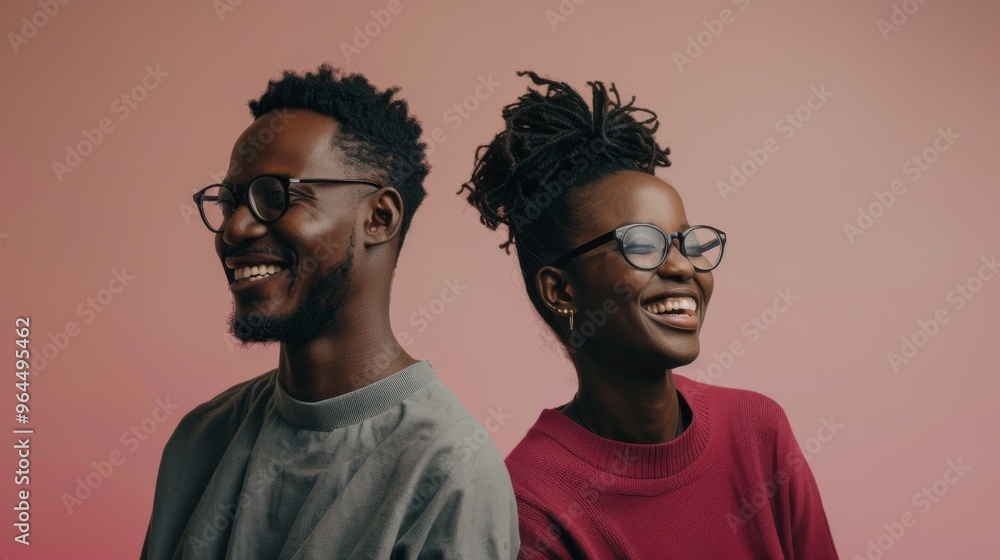 A beaming couple stands against a blue background, both sharing a moment of laughter and joy that captures their happiness and strong bond. A beaming couple stands against a blue background, both sharing a moment of laughter and joy that captures their happiness and strong bond.