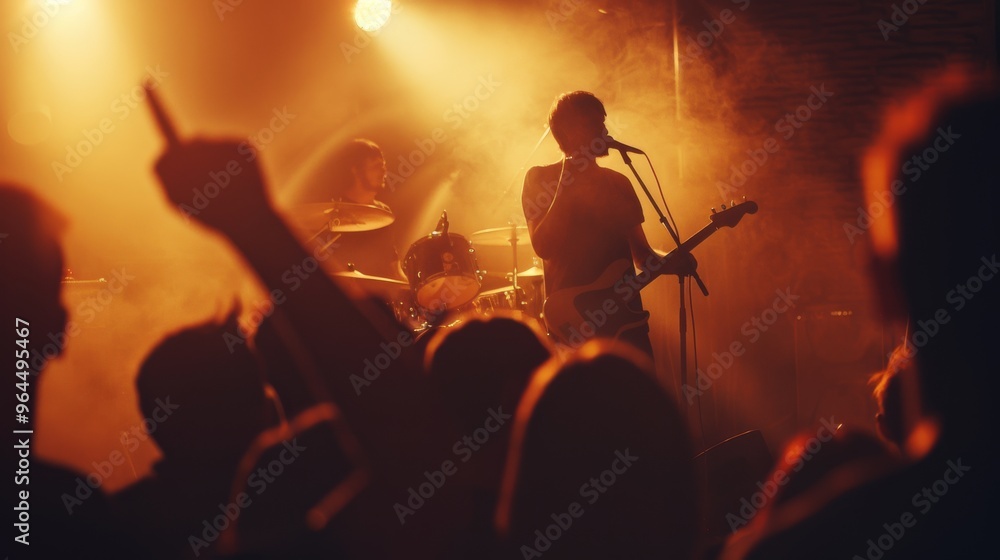 Fototapeta premium A silhouette of a singer and drummer on stage during an electrifying live concert, bathed in warming lights.
