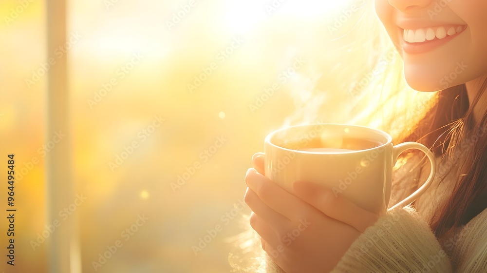 Radiant Woman with Warm Smile Enjoying Comforting Cup of Tea by Sunlit Window Radiant Woman with Warm Smile Enjoying Comforting Cup of Tea by Sunlit Window