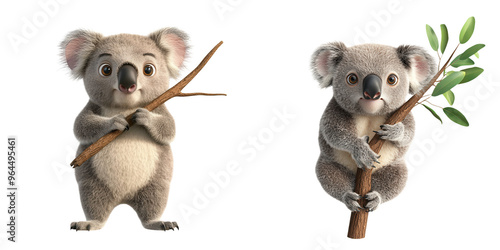 Cute cartoon koalas holding branches, showcasing their playful nature and adorable features. Perfect for children's themes. isolated on a transparent background photo