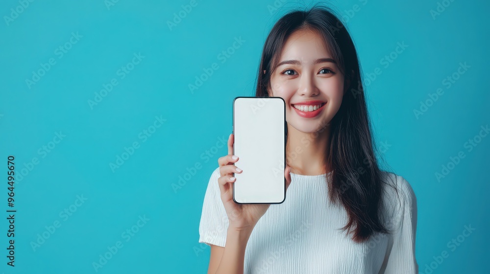 Young Asia lady show empty smartphone screen with positive expression, smiles broadly, dressed in casual clothing feeling happiness on blue background. Mobile phone with white screen in female hand Young Asia lady show empty smartphone screen with positive expression, smiles broadly, dressed in casual clothing feeling happiness on blue background. Mobile phone with white screen in female hand