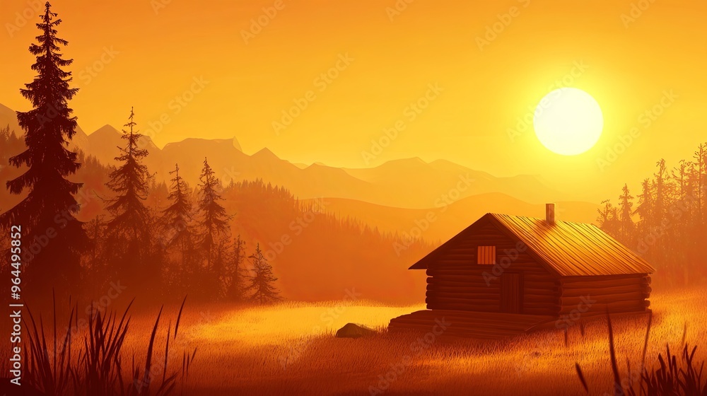 A serene summer sunset landscape featuring a golden sky and a sunlit cabin nestled in nature. A serene summer sunset landscape featuring a golden sky and a sunlit cabin nestled in nature.
