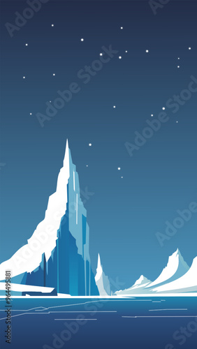 polar landscape vector illustration. drawing of the northern nature in the early morning, night in a minimalist style. a lonely big ice mountain, an iceberg, a cold ocean, the starry sky. 