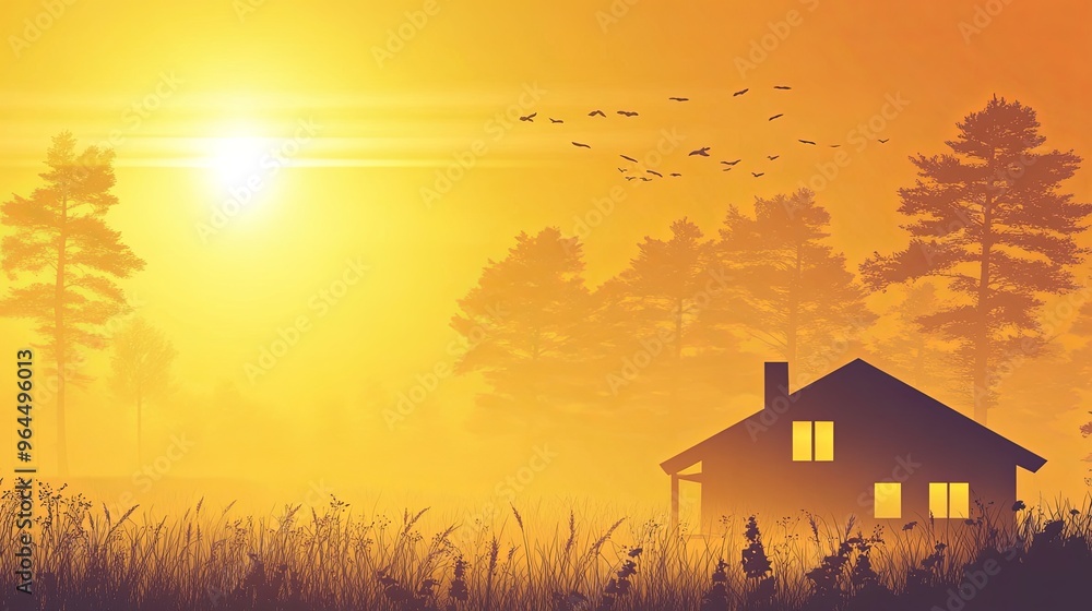 A serene summer sunset landscape featuring a golden sky and a sunlit cabin nestled in nature. A serene summer sunset landscape featuring a golden sky and a sunlit cabin nestled in nature.