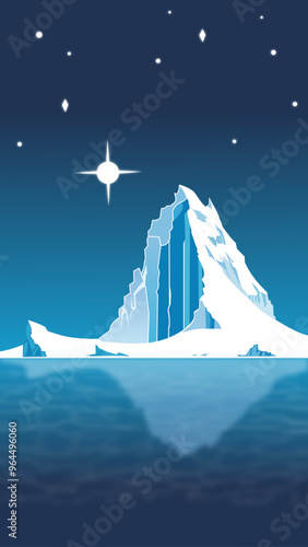polar landscape vector illustration. drawing of the northern nature in the early morning, night in a minimalist style. a lonely big ice mountain, an iceberg, a cold ocean, the starry sky.