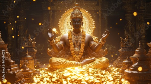 Kubera granting wealth to his devotees, surrounded by gold coins and treasures, with a backdrop of a golden temple and divine light photo