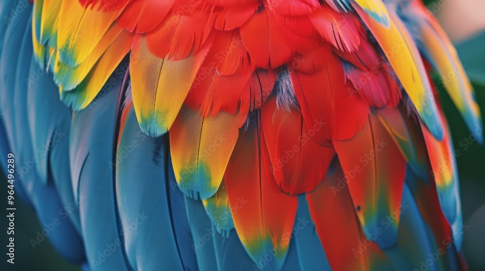 Close-up shot of a parrot's vibrant, multi-colored feathers displaying a beautiful range of red, yellow, and blue hues. Close-up shot of a parrot's vibrant, multi-colored feathers displaying a beautiful range of red, yellow, and blue hues.