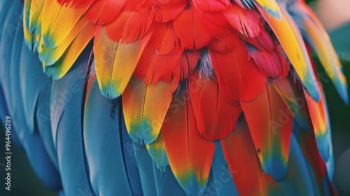 Wallpaper Mural Close-up shot of a parrot's vibrant, multi-colored feathers displaying a beautiful range of red, yellow, and blue hues. Torontodigital.ca