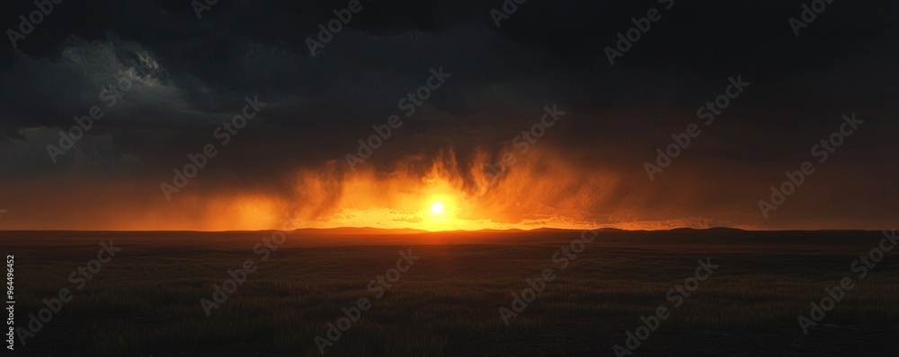Dramatic Sunset Over Grassy Field with Dark Clouds Dramatic Sunset Over Grassy Field with Dark Clouds