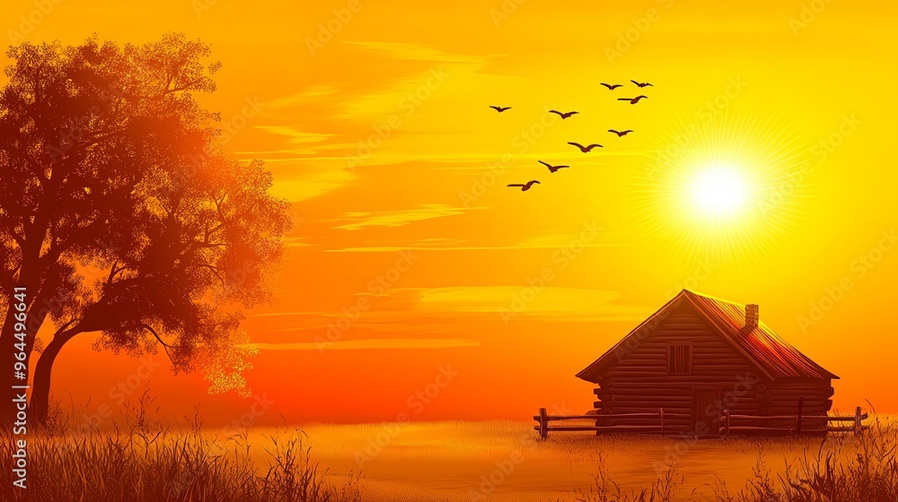 A serene summer sunset landscape featuring a golden sky and a sunlit cabin nestled in nature. A serene summer sunset landscape featuring a golden sky and a sunlit cabin nestled in nature.