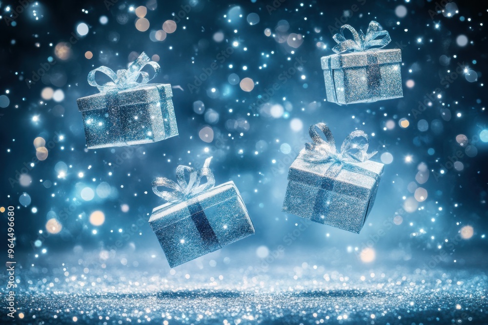 Sparkling silver wrapped presents float amidst a blue glittering background Sparkling silver wrapped presents float amidst a blue glittering background
