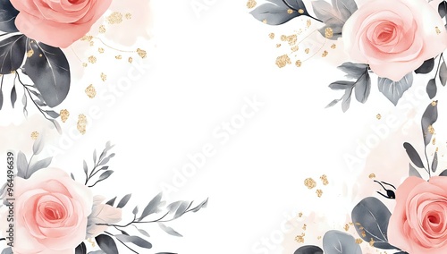 Fototapeta Naklejka Na Ścianę i Meble -  Watercolor painting of roses with gold glitter.