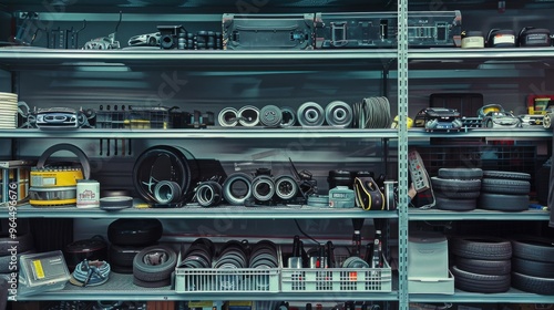 Neatly arranged shelves featuring a wide array of car parts, tires, and mechanical components create a well-organized garage workspace. photo