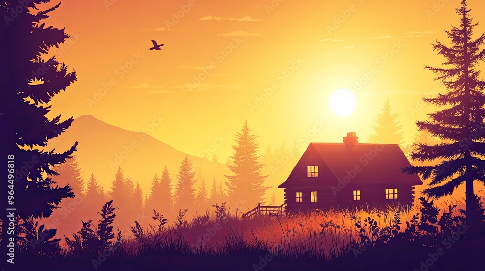A serene summer sunset landscape featuring a golden sky and a sunlit cabin nestled in nature. A serene summer sunset landscape featuring a golden sky and a sunlit cabin nestled in nature.