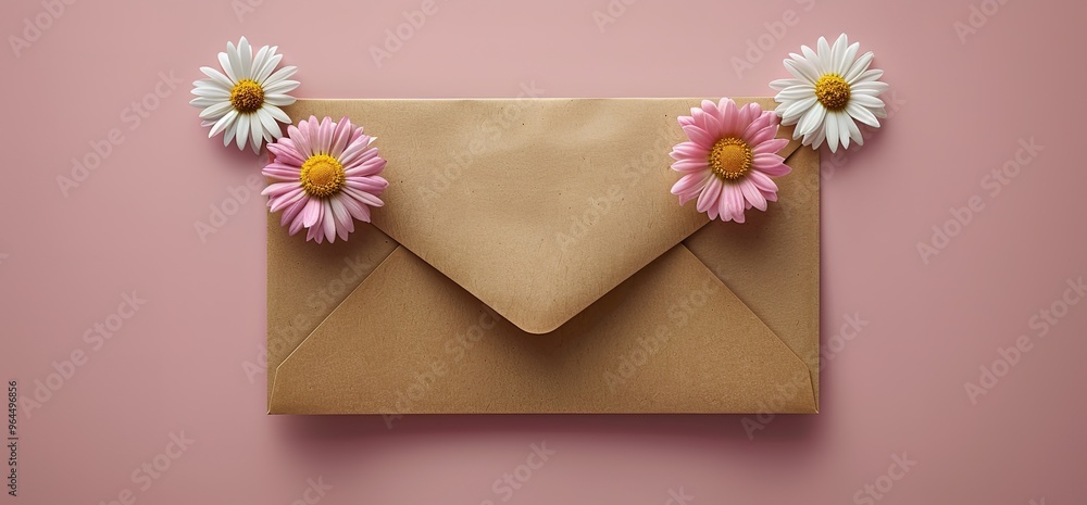 A brown envelope with three pink and white daisy flowers on a pink background. A brown envelope with three pink and white daisy flowers on a pink background.