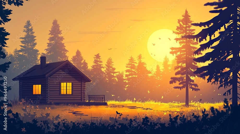 A serene summer sunset landscape featuring a golden sky and a sunlit cabin nestled in nature. A serene summer sunset landscape featuring a golden sky and a sunlit cabin nestled in nature.