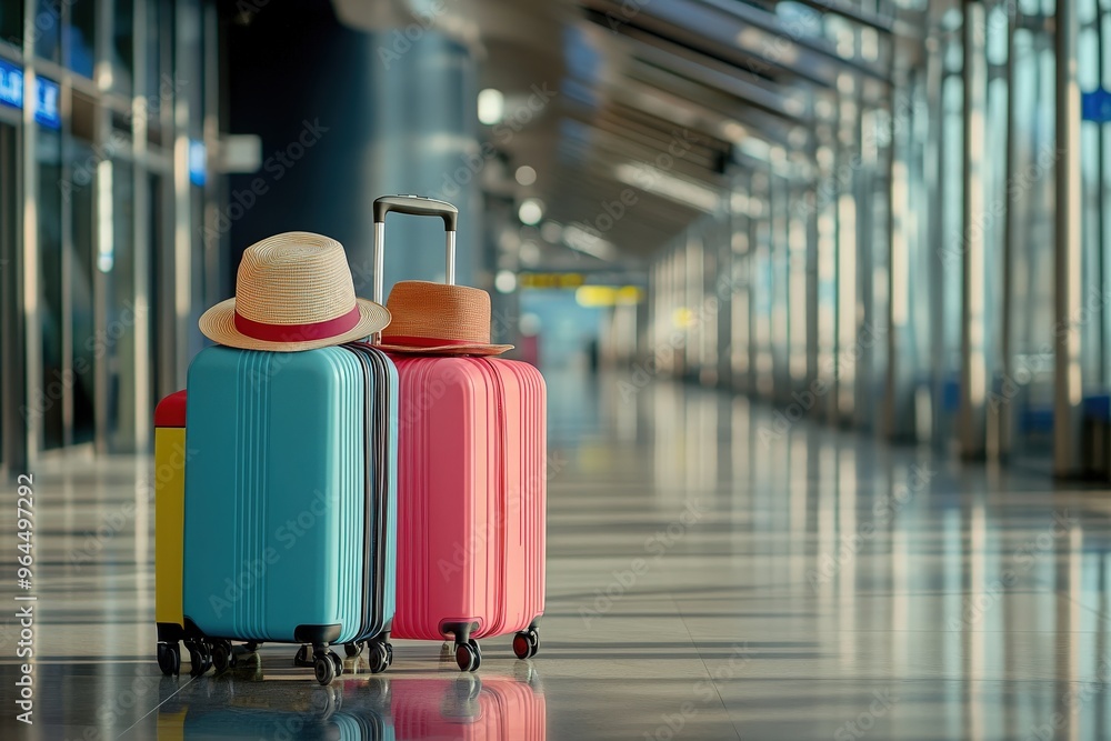 Colorful suitcases and hat placed on trolley in modern airport terminal before flight during trip Colorful suitcases and hat placed on trolley in modern airport terminal before flight during trip