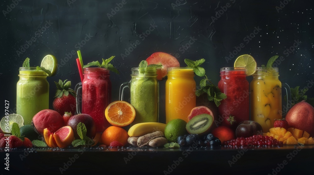 An artistic arrangement of smoothie jars and assorted fresh fruits, showcasing their vivid colors and promoting healthy, delicious choices. An artistic arrangement of smoothie jars and assorted fresh fruits, showcasing their vivid colors and promoting healthy, delicious choices.
