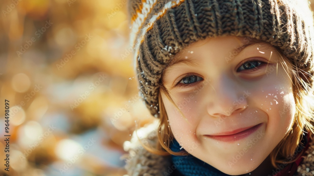 A child with bright eyes and a warm smile, wearing a cozy knit hat, enjoys the gentle snowfall on a sunny winter day. A child with bright eyes and a warm smile, wearing a cozy knit hat, enjoys the gentle snowfall on a sunny winter day.