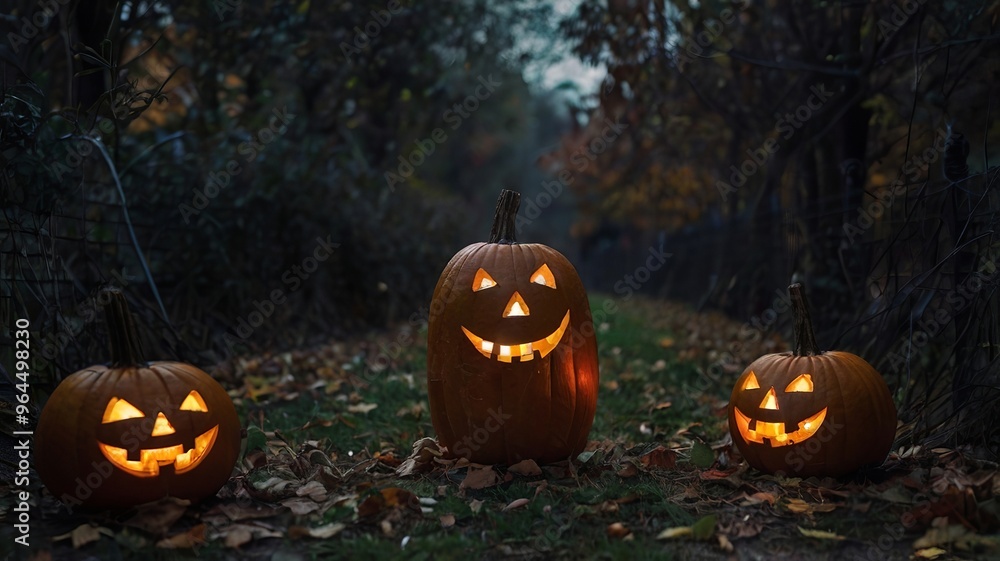 jack-o'-lanterns with glowing faces among fallen leaves in a dark forest. Halloween concept jack-o'-lanterns with glowing faces among fallen leaves in a dark forest. Halloween concept