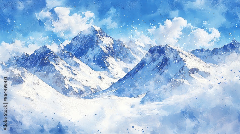 Snowcovered mountains, wind blowing hard, avalanche warning, Watercolor style Snowcovered mountains, wind blowing hard, avalanche warning, Watercolor style