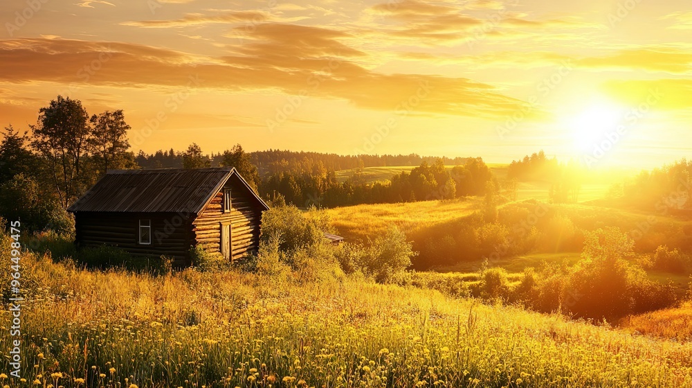 A serene summer sunset landscape featuring a golden sky and a sunlit cabin nestled in nature. A serene summer sunset landscape featuring a golden sky and a sunlit cabin nestled in nature.