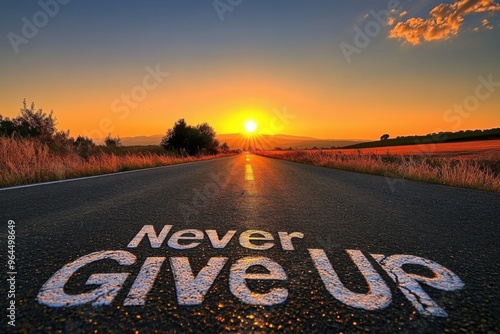 A sunset over a road with the words Never Give Up painted on it