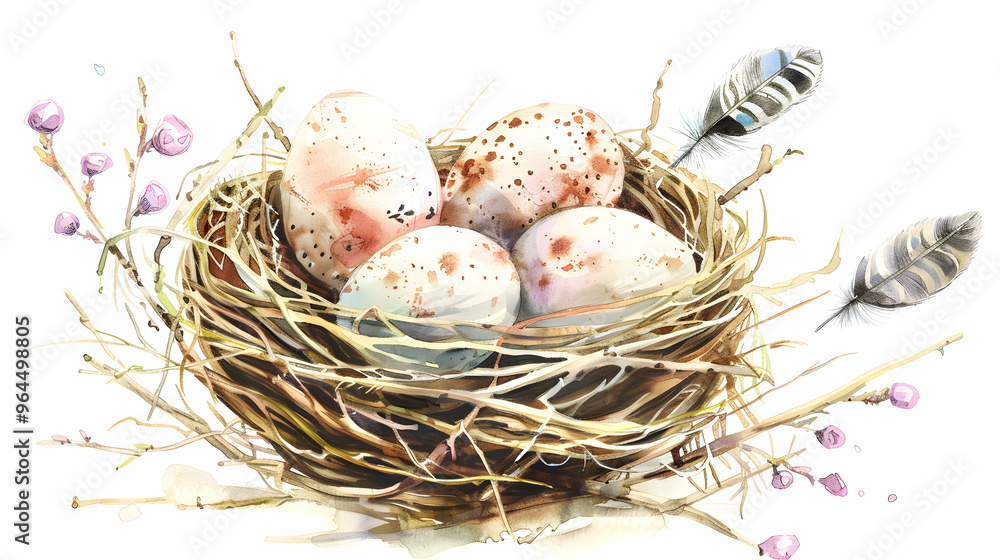 Watercolor happt easter nest with bird eggs with branch and feather isolated on white. Spring hand drawn illustration. Boho egg ans feather nests wreath. Holiday decoration Watercolor happt easter nest with bird eggs with branch and feather isolated on white. Spring hand drawn illustration. Boho egg ans feather nests wreath. Holiday decoration