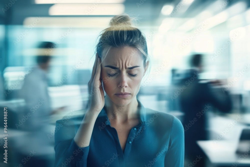Fototapeta premium A woman with her eyes closed is experiencing a headache in a busy office