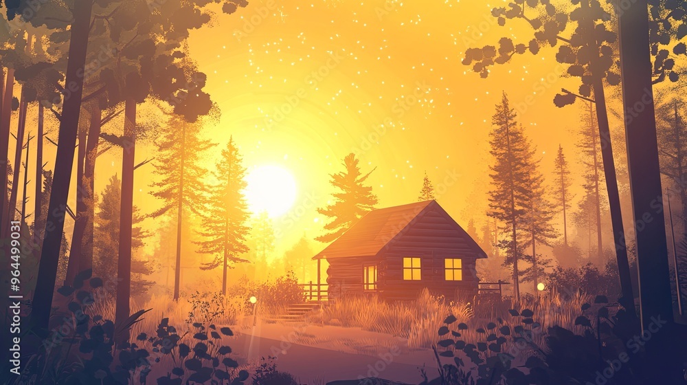 A serene summer sunset landscape featuring a golden sky and a sunlit cabin nestled in nature. A serene summer sunset landscape featuring a golden sky and a sunlit cabin nestled in nature.