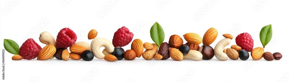 A vibrant mix of assorted nuts, berries, and leaves on a white background, ideal for healthy eating and snack concepts. A vibrant mix of assorted nuts, berries, and leaves on a white background, ideal for healthy eating and snack concepts.