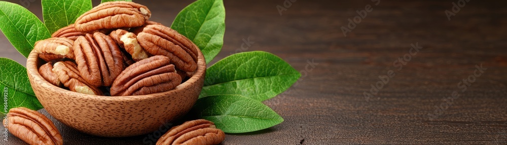 A wooden bowl filled with whole pecans and green leaves on a rustic wooden table, providing a healthy and natural snack option. A wooden bowl filled with whole pecans and green leaves on a rustic wooden table, providing a healthy and natural snack option.
