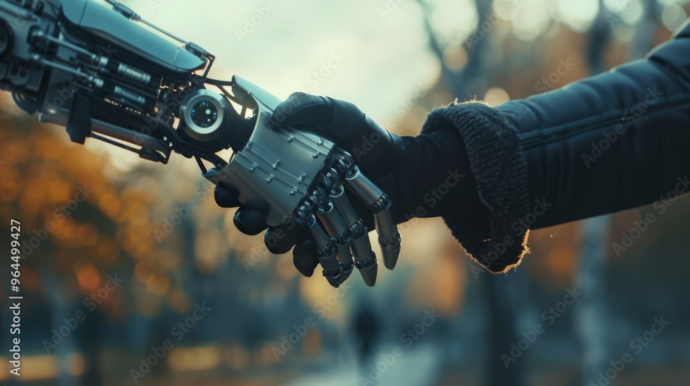 A human hand firmly clasps a robotic hand in a park illuminated by warm sunset light, highlighting a harmonious human-robot connection. A human hand firmly clasps a robotic hand in a park illuminated by warm sunset light, highlighting a harmonious human-robot connection.