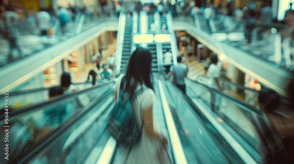 A blurred motion photograph capturing movement on multiple escalators in a bustling, indoor shopping mall. A blurred motion photograph capturing movement on multiple escalators in a bustling, indoor shopping mall.