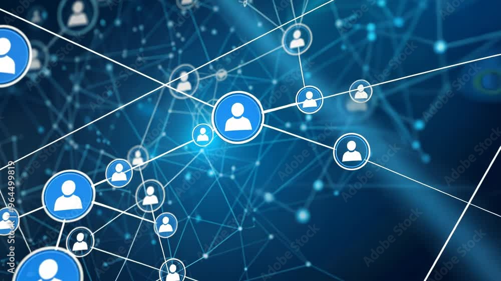 Abstract blue background with icons of people in circles and lines, representing a network connection or social media technology concept