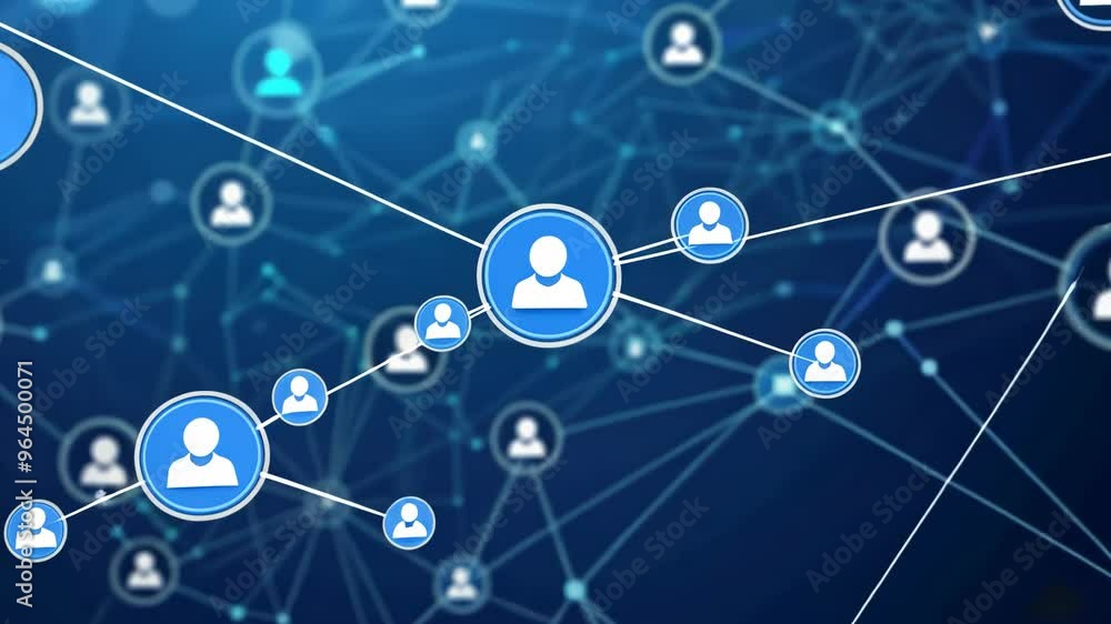 Abstract blue background with icons of people in circles and lines, representing a network connection or social media technology concept