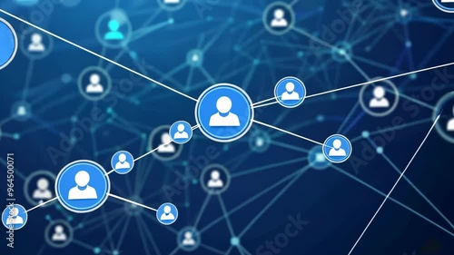 Abstract blue background with icons of people in circles and lines, representing a network connection or social media technology concept